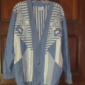 Blue White Cotton Patch Top Jacket Medium